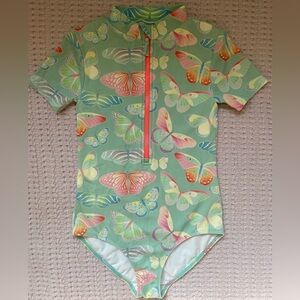 Mini Boden Butterfly Rash Guard Swimsuit Girls 9-10Y Zip Front One Piece UV
